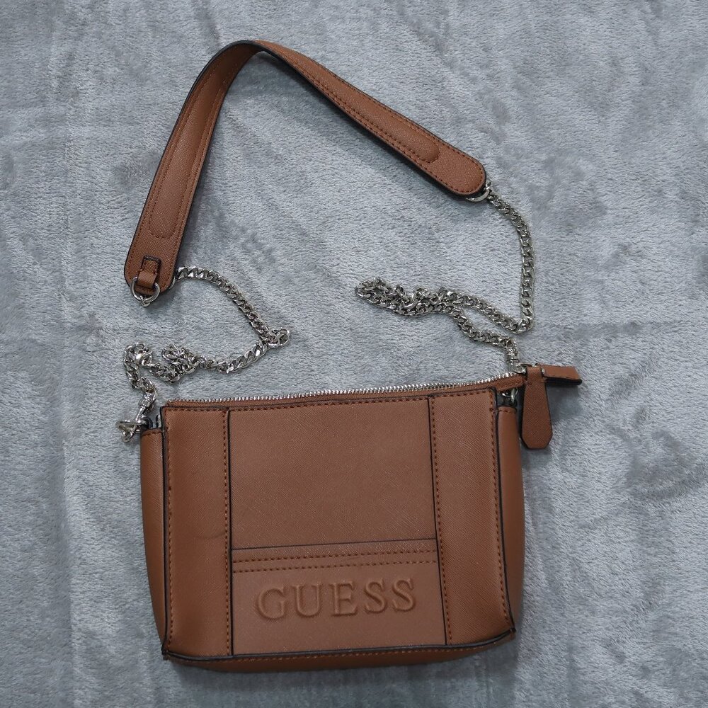 Guess Crossbody Bag Brown Faux Leather Purse with Removable Chain Strap Clutch